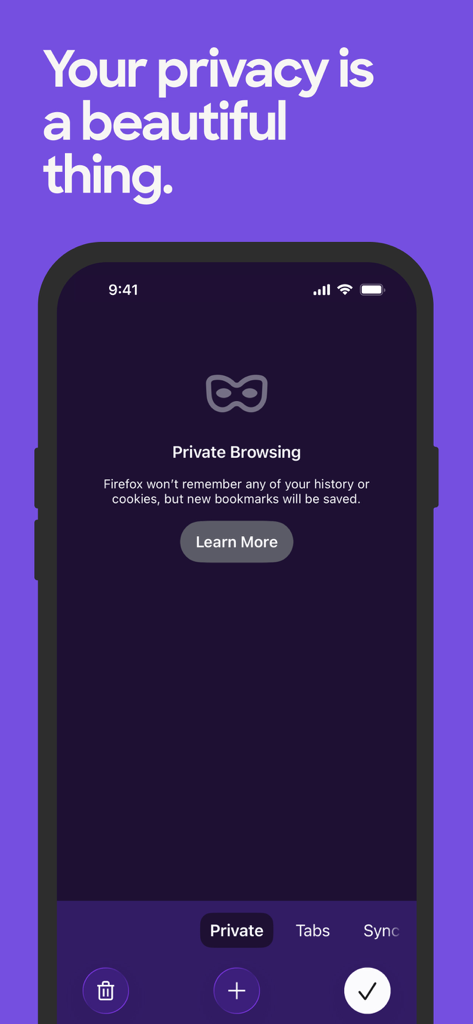 Firefox mobile app interface displaying private browsing mode with a privacy message