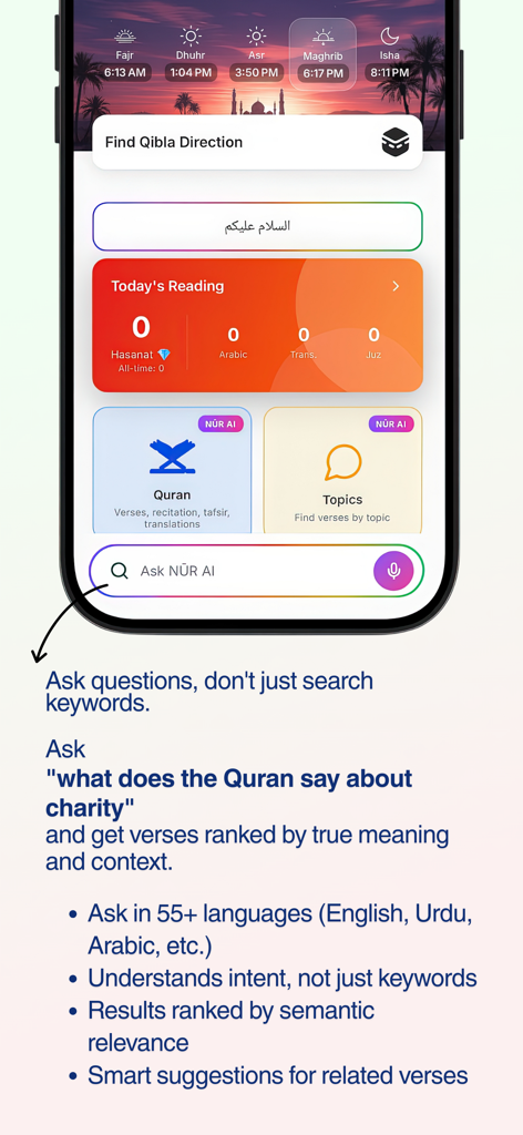Quran Majeed NUR AI & Tafsir - Quran Majeed NUR AI app dashboard showing prayer times and semantic search feature