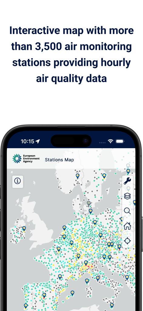 Interactive map of Europe with over 3500 air quality monitoring stations in the European Air Quality Index app.