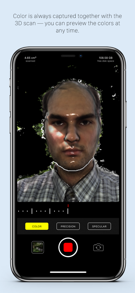 A high-precision 3D color scan of a face using Heges 3D Scanner app on iPhone