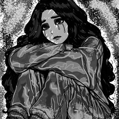 a girl with long hair wearing a sweatshirt and sweatpants.the girl is realistic and she has long hair that is also realistic.her head is on her knees and she is crying.she is sitting down and she looks sad