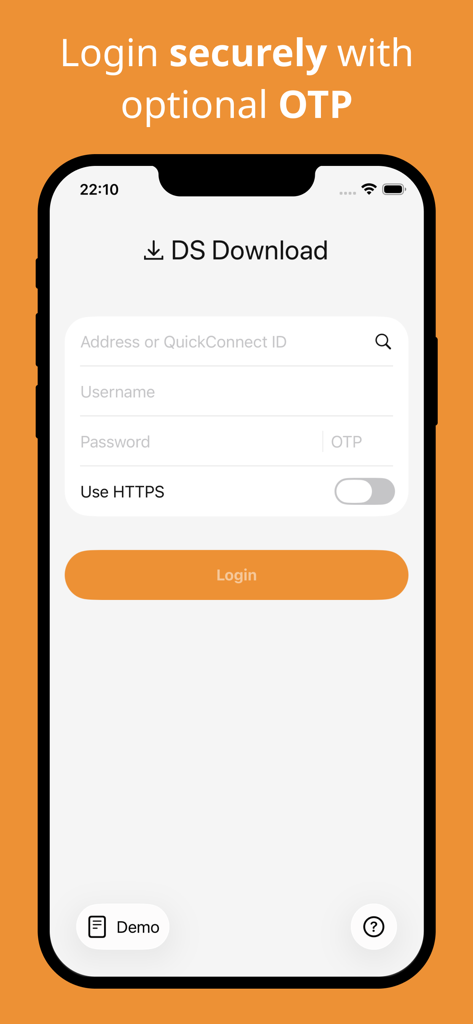 DS Download Manager - Secure login screen of the DS Download Manager app featuring QuickConnect and OTP support for Synology NAS.