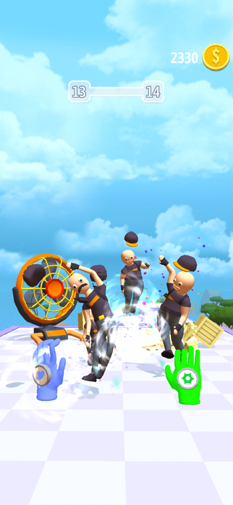 First person view of a player using wind magic gloves to blast enemies in Elemental Gloves