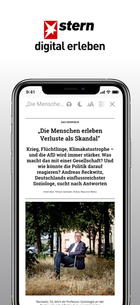stern Magazin - Smartphone screen showing a digital article in the stern Magazin app with reading mode options