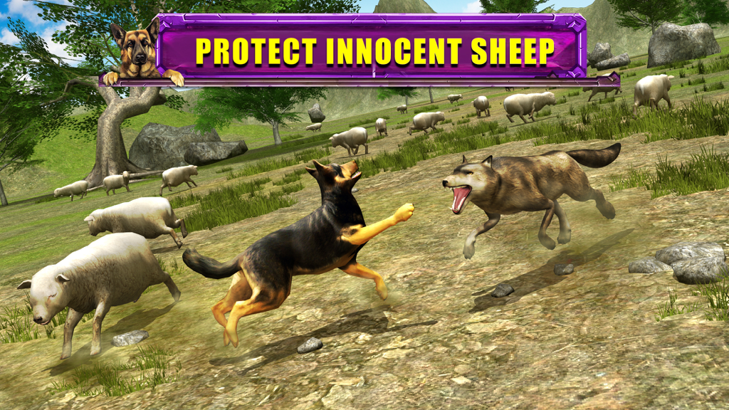 Shepherd Dog Simulator 3D - Un perro Pastor Alemán protegiendo a un rebaño de ovejas de un lobo atacante en un campo de hierba