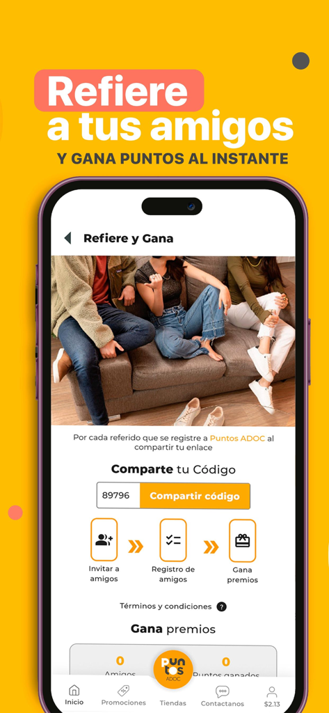 Puntos ADOC - Puntos ADOC app referral screen showing how to invite friends and earn loyalty points with a unique referral code.