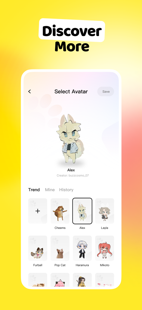WoofChat - Pantalla de la aplicación WoofChat para seleccionar o crear avatares personalizados, incluyendo memes y personajes originales