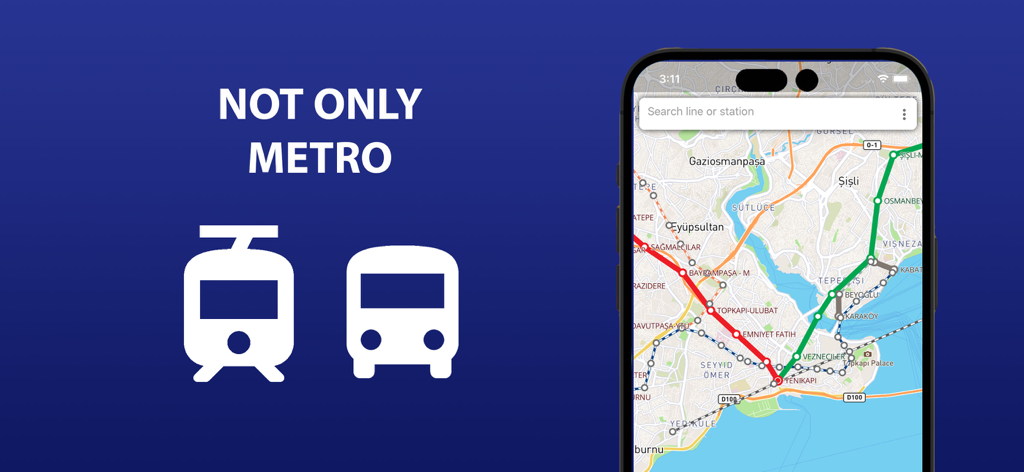 Smartphone screen showing Istanbul public transport map with metro tram and bus lines