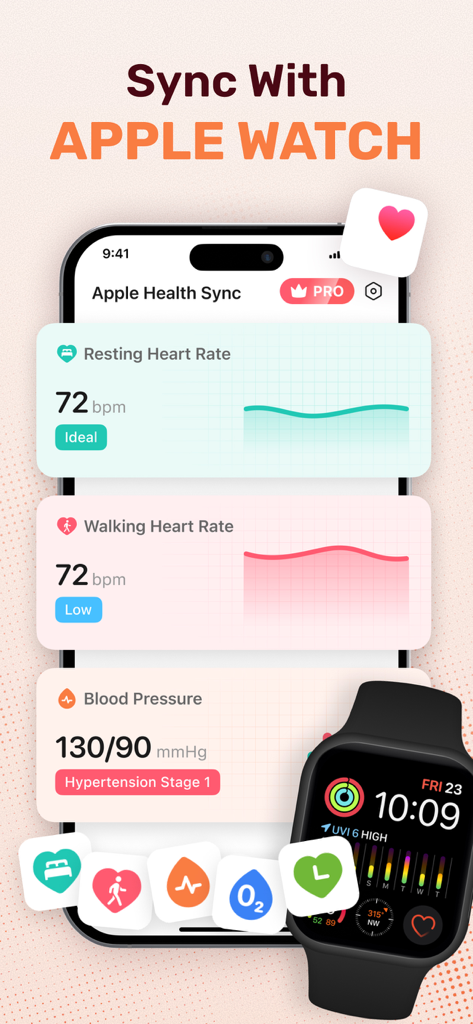 Health Tracker: Heart Rate Log - Interface do aplicativo Health Tracker mostrando dados de frequência cardíaca e pressão arterial sincronizados com um Apple Watch