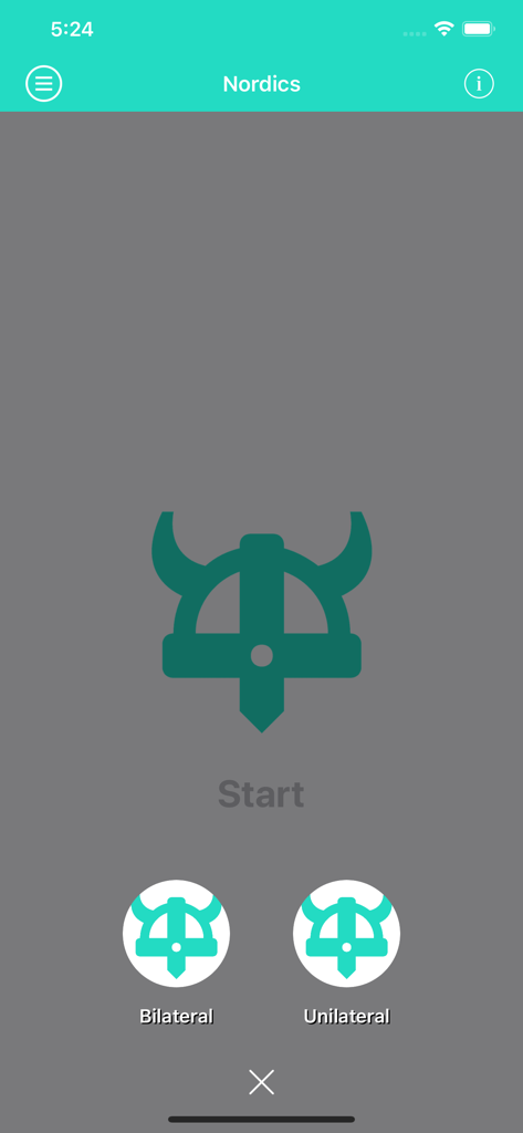 Selection screen for bilateral and unilateral hamstring tests in the Nordics app