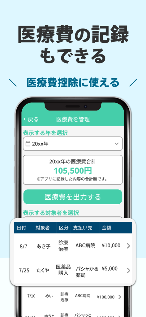 パシャっとカルテ-健康の記録-かんたんに病院の書類を整理 - Pasha-tto Karteアプリのスクリーンショット。税控除のための医療費の追跡とエクスポート用。