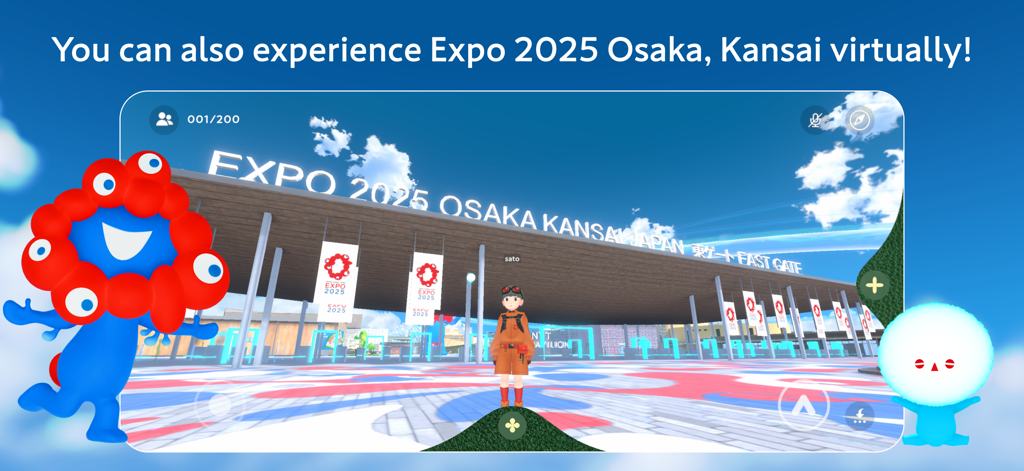 A custom avatar at the entrance gate of the virtual Expo 2025 Osaka Kansai site in the metaverse application