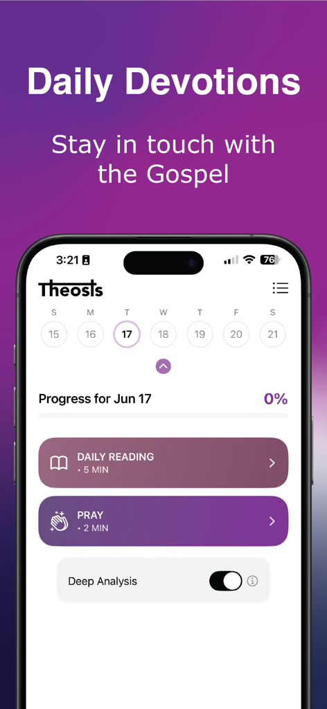 Theosis: AI Bible Study Chat - Theosis app interface for daily devotions showing scripture reading and prayer options