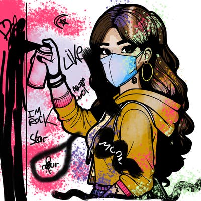 realistic girl with mask spray painting a wall