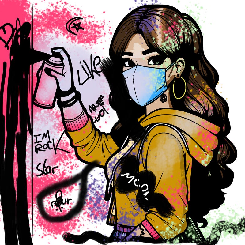 realistic girl with mask spray painting a wall