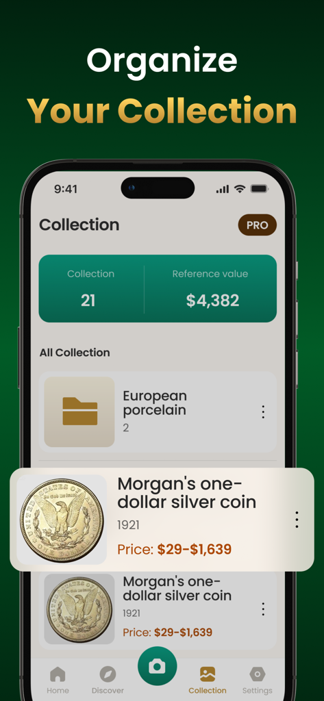Interfaccia dell'app mobile per organizzare una collezione di monete e tracciare i valori di mercato.