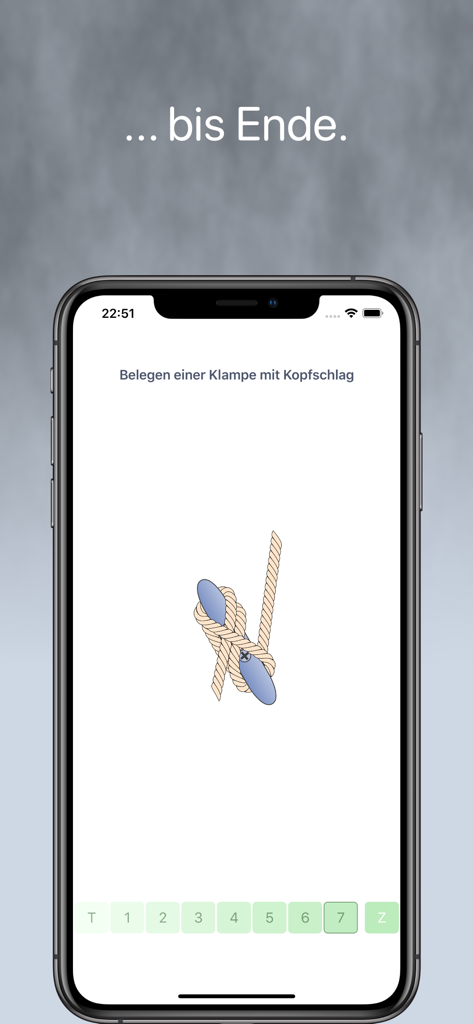Step-by-step instructional screen for tying a cleat hitch knot in the SBF Knoten mobile app