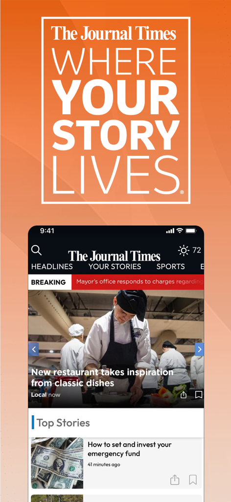 The Journal Times mobile app displaying local news headlines and breaking news alerts on a smartphone.