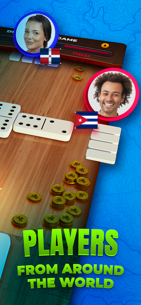Domino Duel - Online Dominoes - Écran de jeu multijoueur Domino Duel montrant des joueurs de différents pays avec des drapeaux et des piles de pièces d'or sur une table en bois