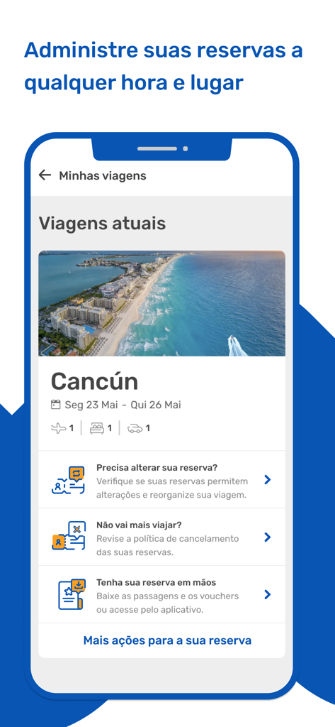 ViajaNet: Passagens Aéreas - ViajaNet mobile app screen for managing travel reservations and viewing current trips like a flight to Cancun.