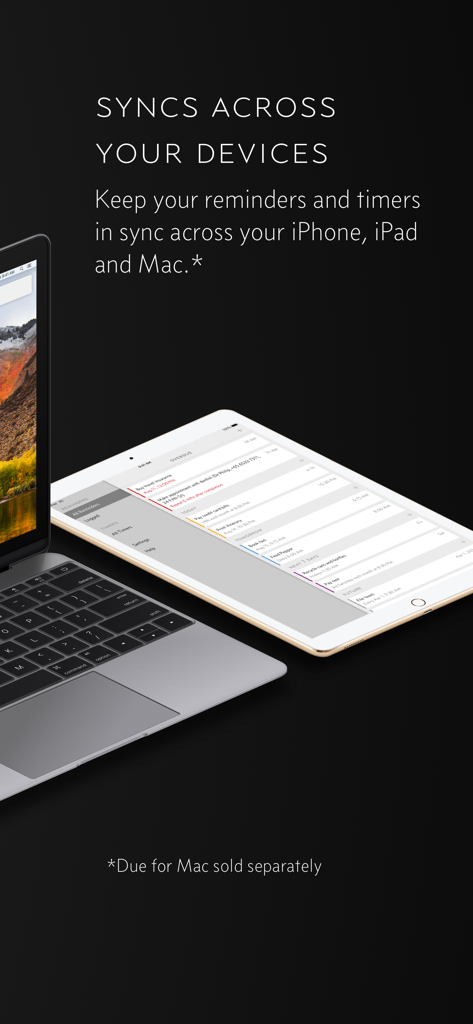 Due - Reminders & Timers - Lembretes e temporizadores do aplicativo Due sincronizando entre um MacBook e um iPad.