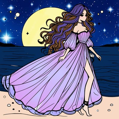 beautiful woman with a vaporous long dress walking on the beach at the noon, detailed art