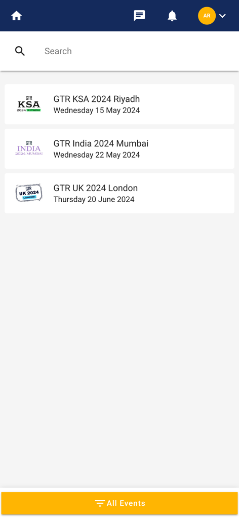 GTR Events - Eine Liste bevorstehender internationaler Handelskonferenzen in Riad, Mumbai und London in der GTR Events Mobile App