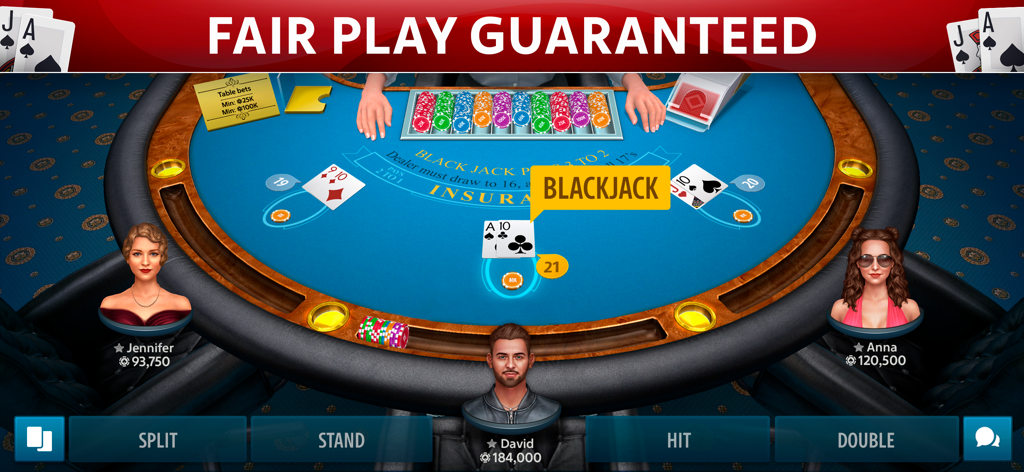 Real 3D blackjack table gameplay in Blackjack 21 Blackjackist with a Fair Play Guaranteed banner
