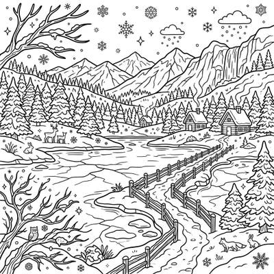 Step into a beautiful winter wonderland with this charming coloring page, featuring a serene frozen lake, snow-dusted pine forests, and cozy cabins. Discover hidden animals like deer, rabbits, and an owl as you bring this magical snowy landscape to life.