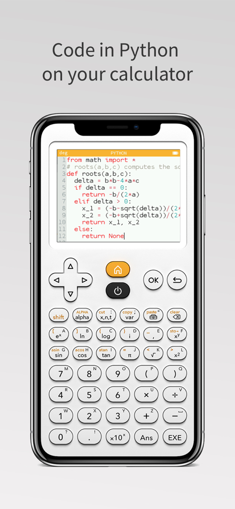 Tela do iPhone mostrando o aplicativo Calculadora Gráfica NumWorks com código Python para calcular raízes