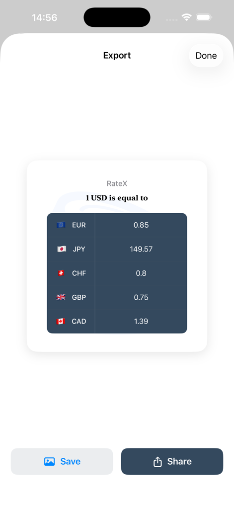 RateX AI: Currency Converter - 1米ドルの通貨換算レートを示すRateXアプリの概要画面