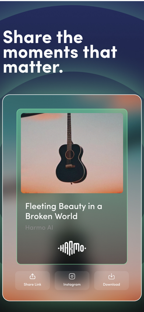 Pantalla de la aplicación Harmo AI que muestra una vista previa de una canción generada con botones para compartir en Instagram o descargar