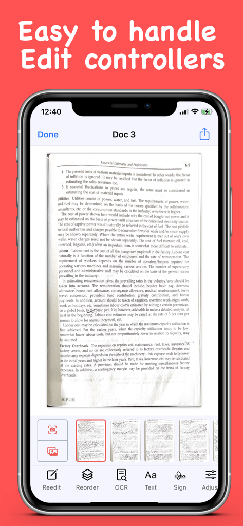 PDF Editor : Text to Speech - Captura de pantalla de iPhone de la aplicación Editor de PDF que muestra herramientas de escaneo y edición de documentos como OCR y firma digital