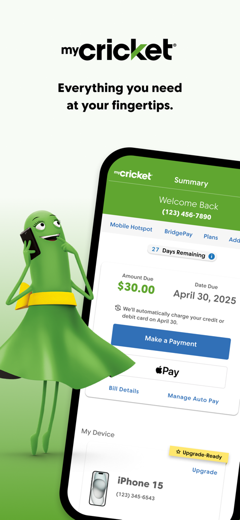 Dashboard of the myCricket app showing account balance and payment options