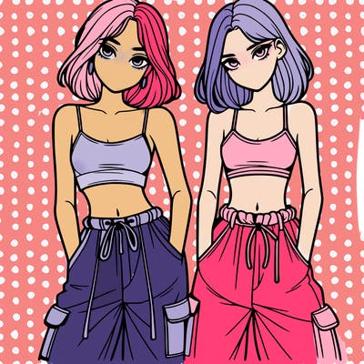 two girls with crop top with baggy pants