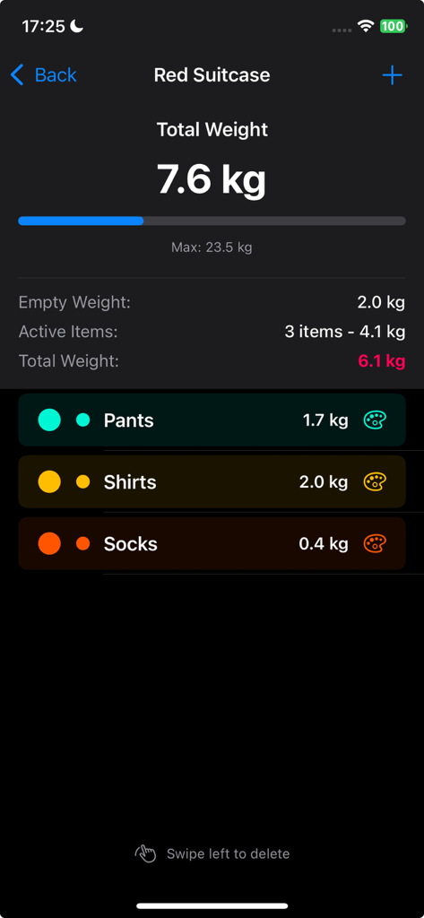 Bagga Calc app interface showing itemized weight tracking for a suitcase with a total weight of 7.6kg and a progress bar.