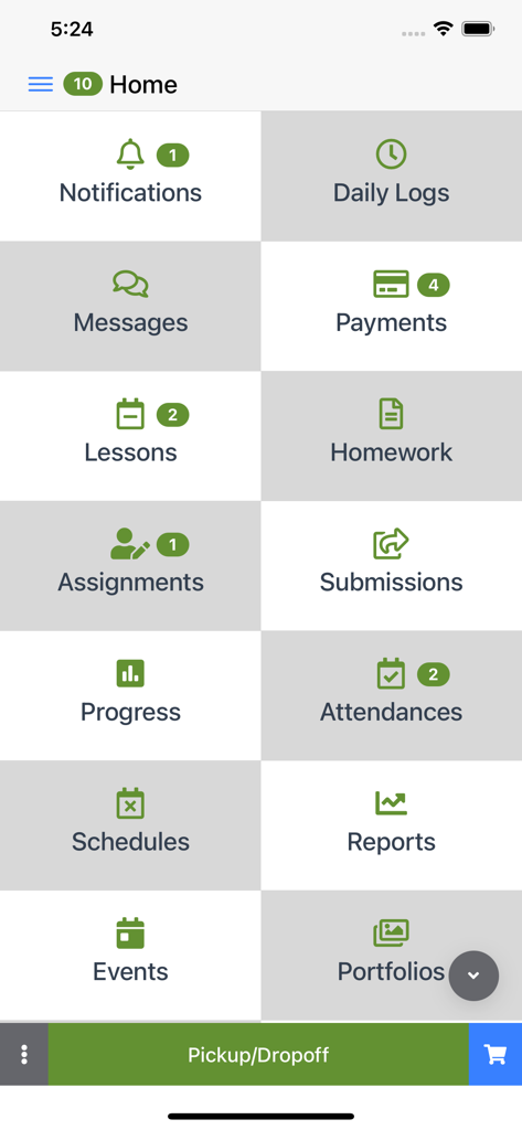 School2me - Home dashboard of School2me app for parents featuring school communication and management icons