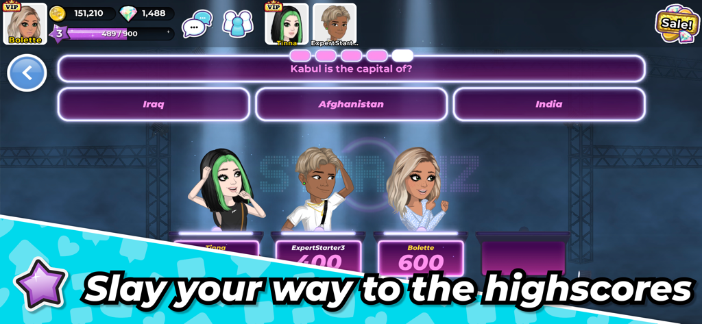 Three avatars participating in a StarQuiz trivia game within MovieStarPlanet 2