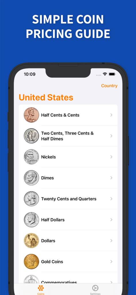 Price Guide - U.S. Coin Values - Mobile app interface displaying categories of United States coins for price valuation.