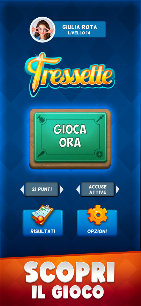 Menu principale dell'app di gioco di carte Tressette Online che mostra il pulsante Gioca Ora e il profilo utente