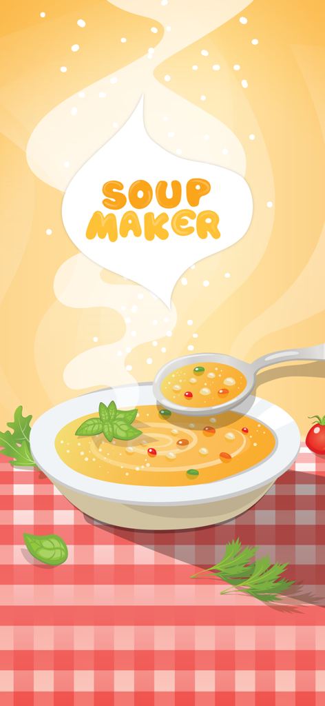 A bowl of steaming soup on a red checkered tablecloth with the title Soup Maker