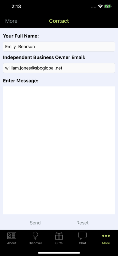 Determine Your Success - Contact screen in the Determine Your Success app featuring a form to message an independent business owner.