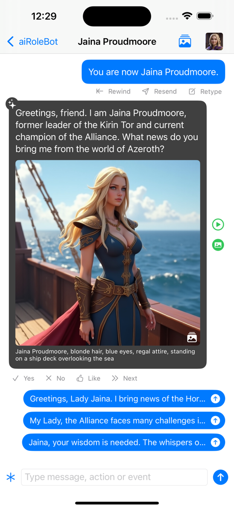 aiRoleBot: AI Role-Play Chat - AI role play chat interface featuring Jaina Proudmoore character