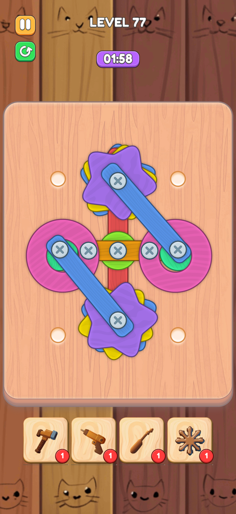 Screw Match: Puzzle Game - Gameplay of Screw Match Puzzle showing colorful shapes and screws on a wooden board