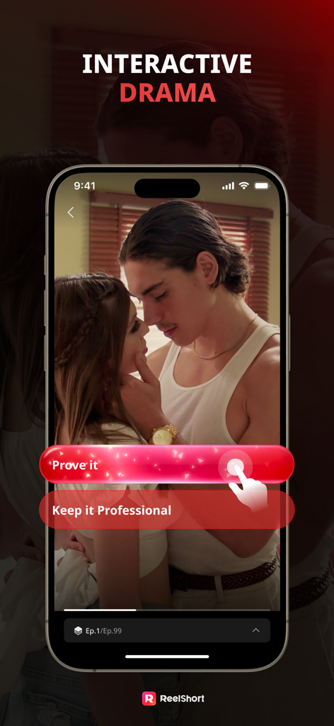 ReelShort - Stream Drama & TV - La interfaz de la aplicación ReelShort muestra una función de drama interactivo con opciones de historia de opción múltiple en una pantalla móvil