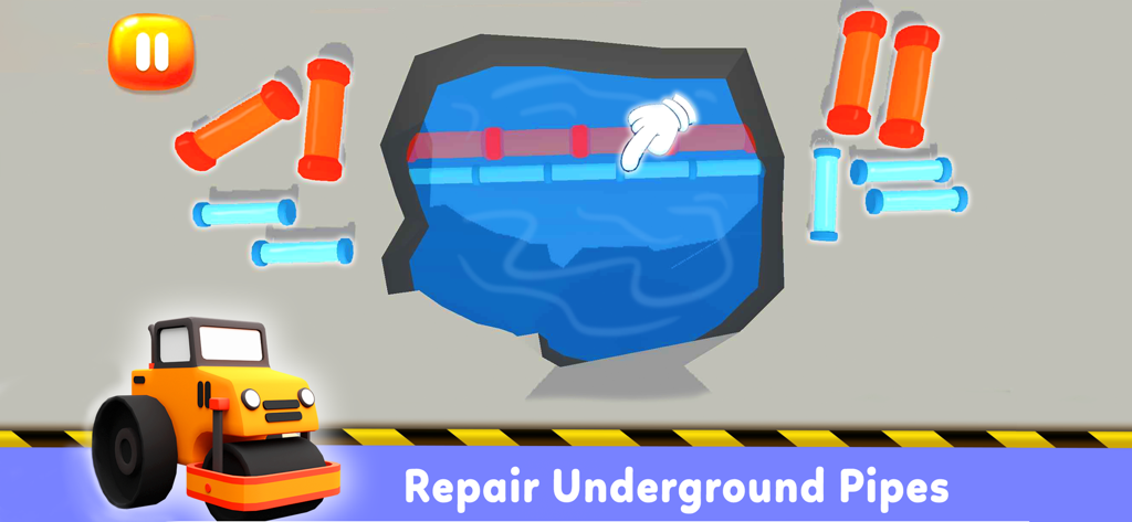 Truck Game for 5 year old Boys - Una schermata di gioco che mostra un camion rullo stradale e un puzzle per riparare tubi sotterranei.