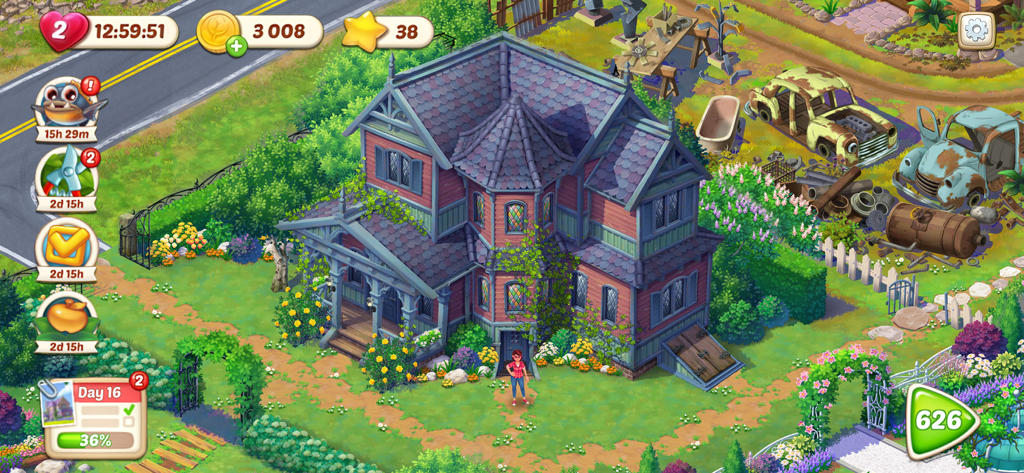 Lily’s Garden: Match & Design - Lily's Garden 모바일 게임에서 개조 중인 빅토리아 양식 저택 앞에 서 있는 릴리