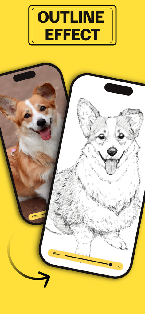 Um ecrã de telemóvel a mostrar a conversão de uma foto de um cão corgi num desenho de linhas usando a funcionalidade de efeito de contorno.