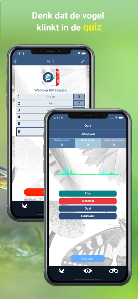 Schermate dello smartphone che mostrano il quiz di identificazione del canto degli uccelli e la classifica nell'app Vogelzang Id Nederland