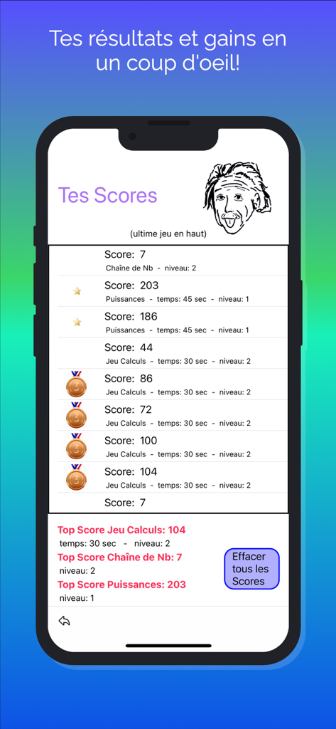 Calcul Mental & Jeux de Maths - Interface do aplicativo francês de cálculo mental exibindo pontuações do usuário, medalhas e acompanhamento de progresso